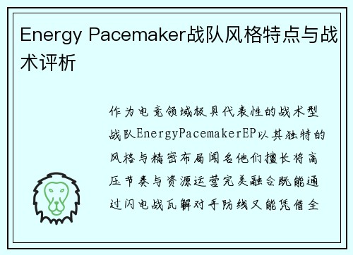 Energy Pacemaker战队风格特点与战术评析