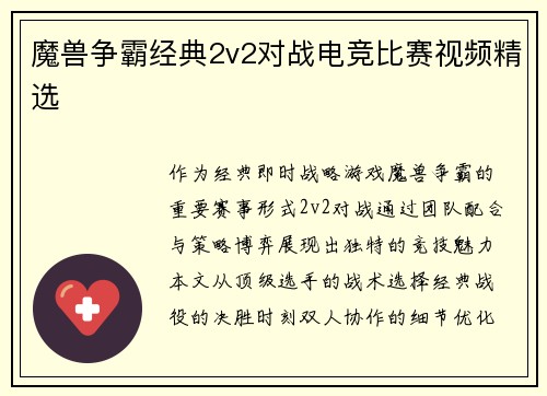 魔兽争霸经典2v2对战电竞比赛视频精选