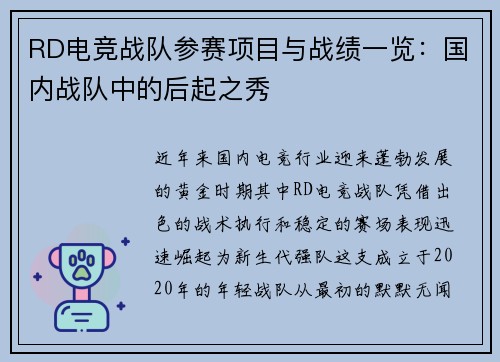 RD电竞战队参赛项目与战绩一览：国内战队中的后起之秀