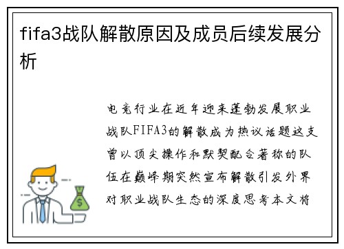 fifa3战队解散原因及成员后续发展分析